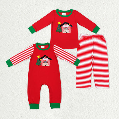 Matching Baby boys Christmas stripe romper outfits red long sleeves embroidery