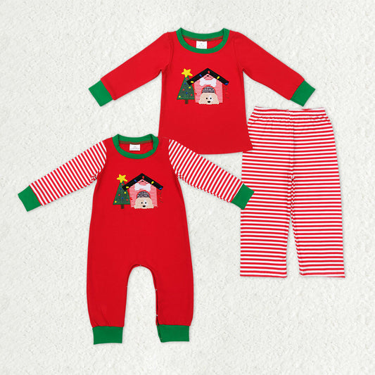 Matching Baby boys Christmas stripe romper outfits red long sleeves embroidery