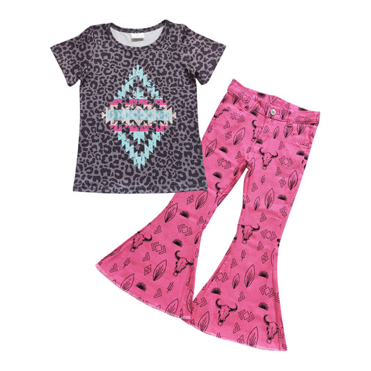 Girls Leopard Outfits Short Sleeves Pink Jeans