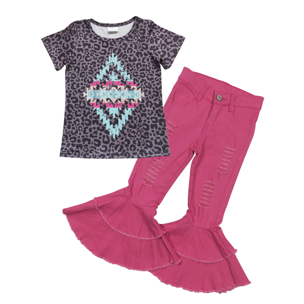 Girls Leopard Outfits Short Sleeves Pink Jeans