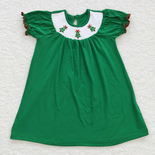 Girls Christmas Green Tree Smock Dress