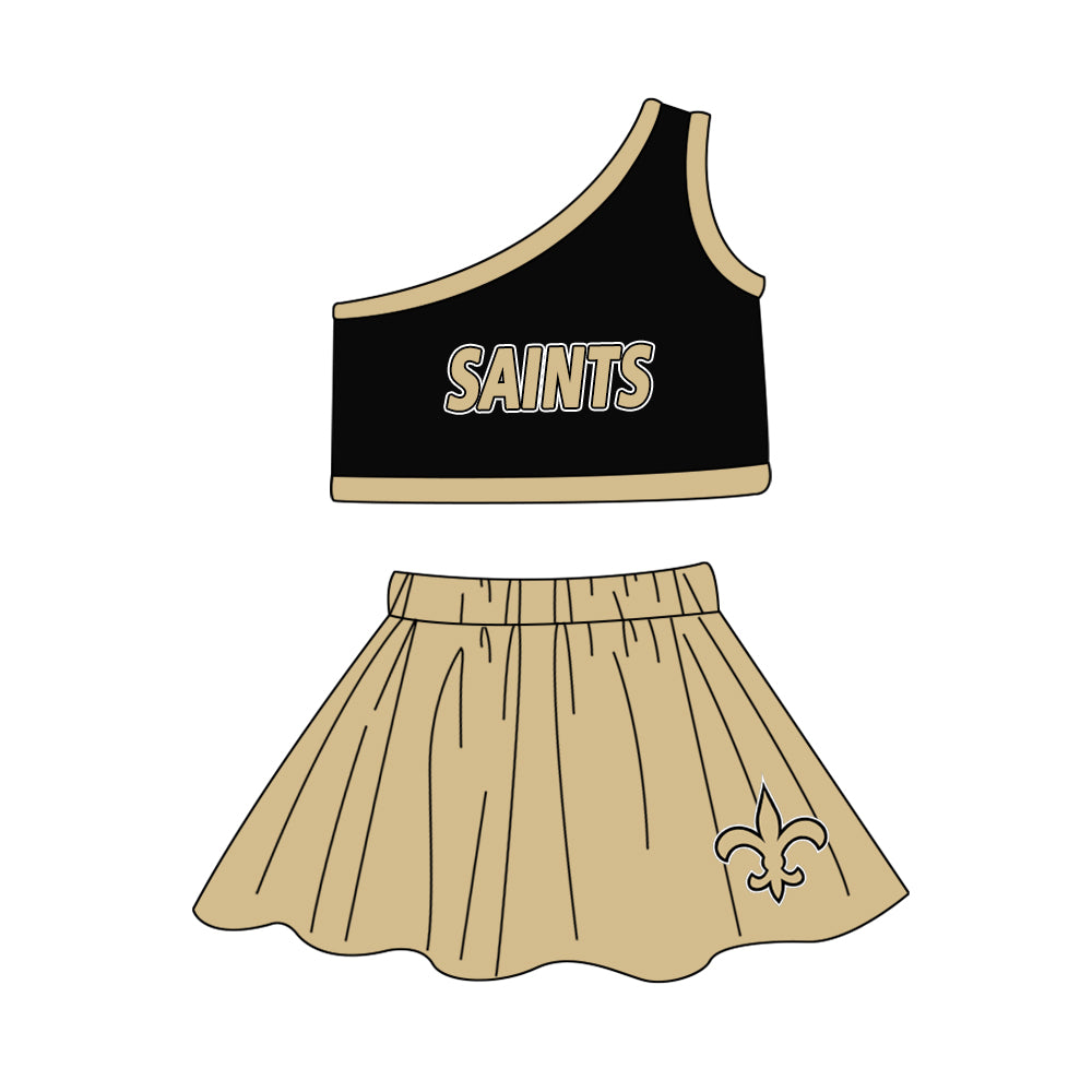 Custom design moq is 3 baby girls SAINTS top skirt girls team outfits