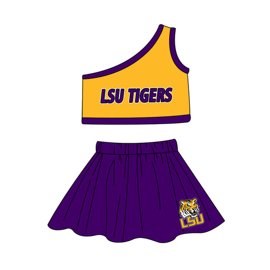 Custom design moq is 3 baby girls LUS TIGERS top skirt girls team outfits