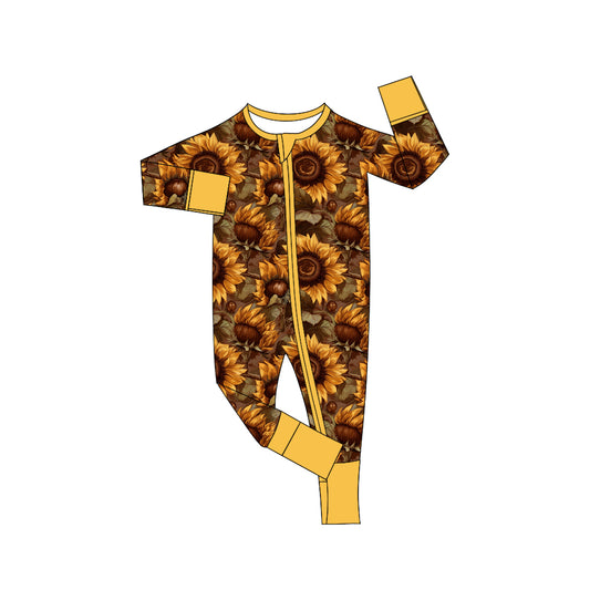 MOQ 3 Custom Baby boys sunflowers zipper romper long sleeves bamboo