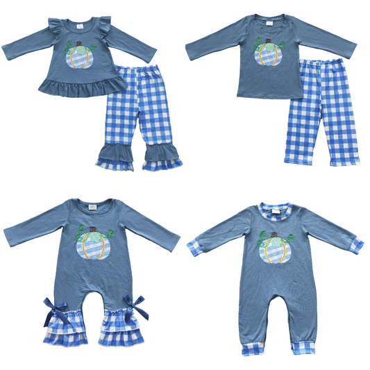 Matching Baby girls boys blue pumpkin outfits embroidery clothing