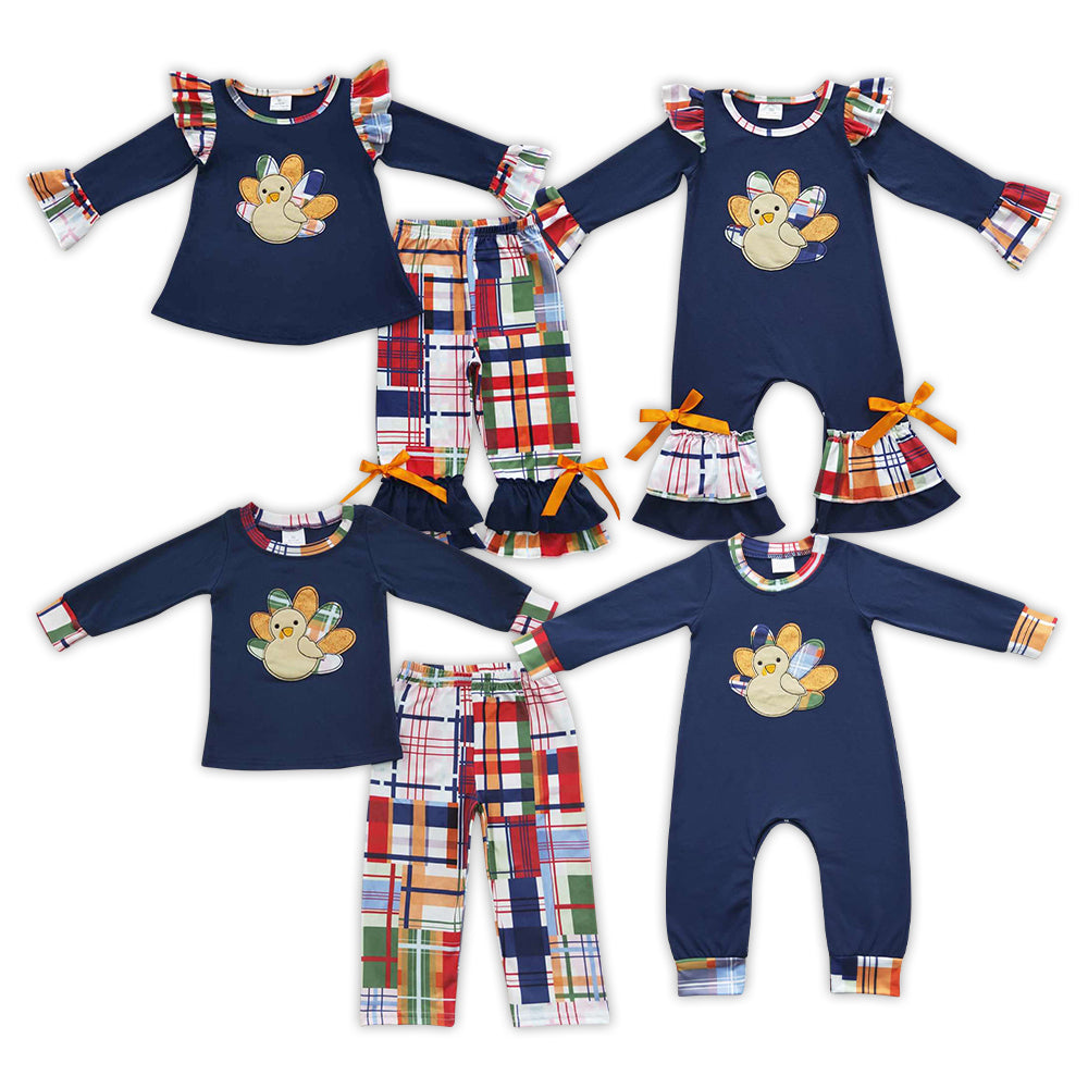 Matching Baby girls boys turkey navy outfits embroidery clothing