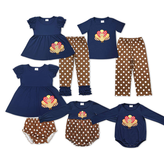 Matching Baby girls boys turkey navy outfits embroidery clothing