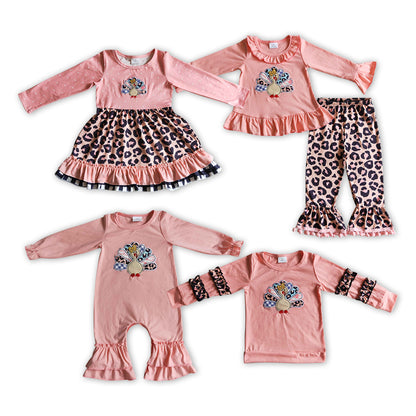 Matching Baby girls pink Thanksgiving turkey leopard outfits embroidery clothing