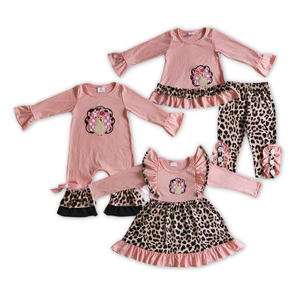 Matching Baby girls Thanksgiving pink turkey outfits embroidery clothing