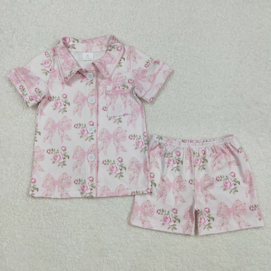 GSSO1780 girls pink bow floral shorts pajamas