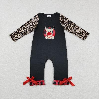 Matching Baby girls Christmas deer red black checkered clothing embroidery