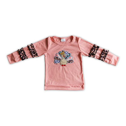 Matching Baby girls pink Thanksgiving turkey leopard outfits embroidery clothing