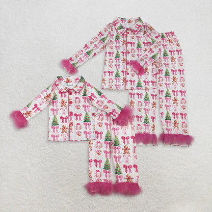 Family Matching Adult Baby girls Santa bow rose furry clothing pajamas
