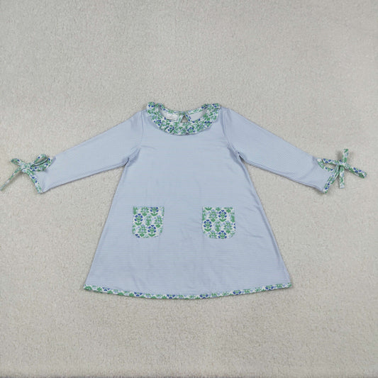 GLD0927 baby Girls blue stripe green pocket floral Dress