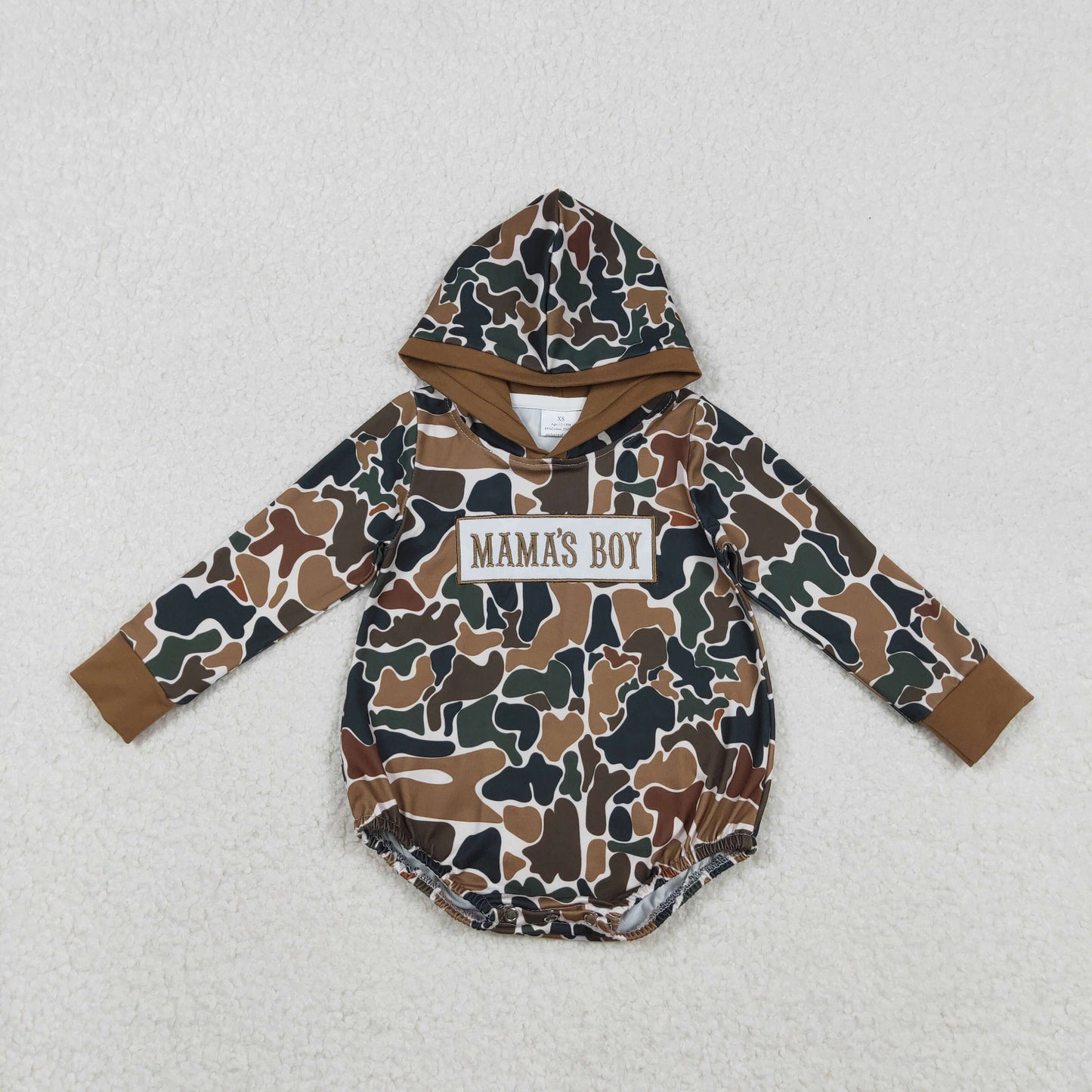 LR2796 baby boys MAMA's BOY camo long sleeves hooded romper embroidery