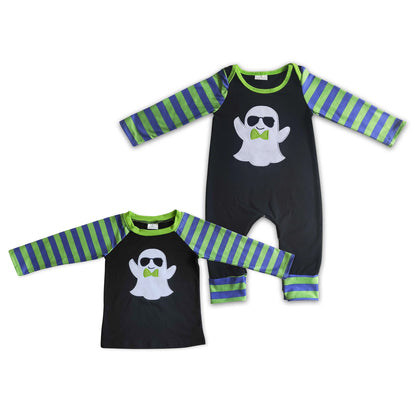 Matching Baby boys Halloween ghost stripe  top romper clothing embroidery