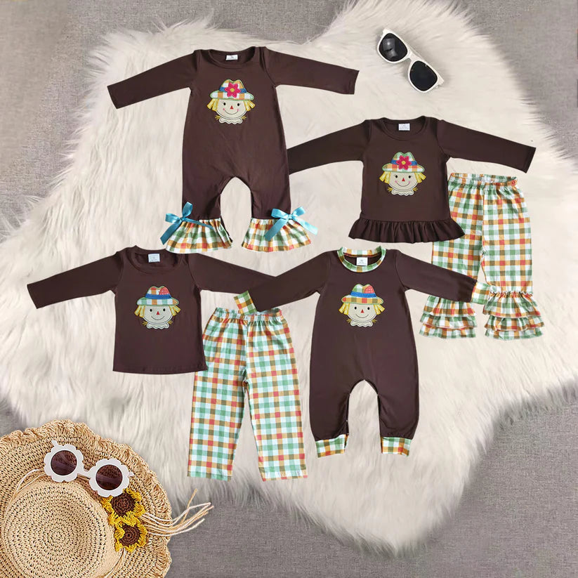 Matching Thanksgiving Baby girls boys Scarecrow outfits clothing embroidery