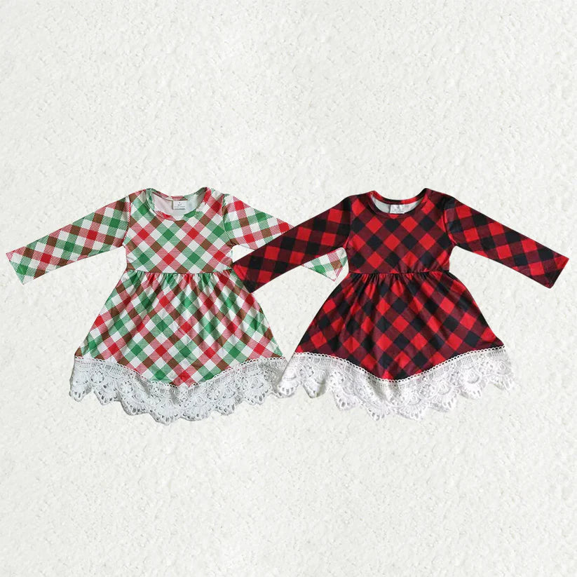 Matching Baby girls Christmas long sleeve checkered lace dress