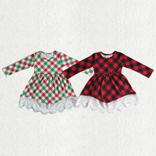 Matching Baby girls Christmas long sleeve checkered lace dress