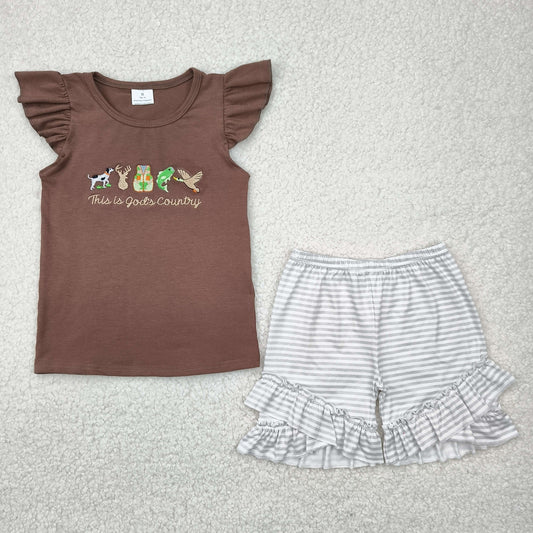 GSSO2353 baby girls  brown flying sleeve stripe shorts outfits embroidery