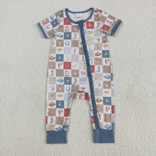 SR3098 Baby boys blue short sleeve cow checkered zipper romper
