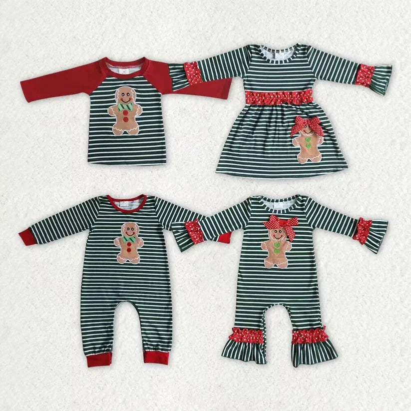 Matching Baby girls boys Christmas Gingerbread stripe romper outfits long sleeves embroidery