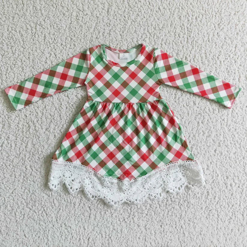 Matching Baby girls Christmas long sleeve checkered lace dress