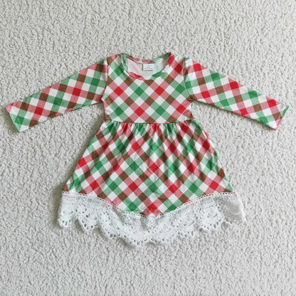 Matching Baby girls Christmas long sleeve checkered lace dress