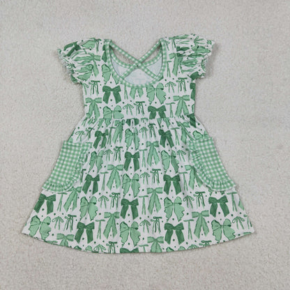 GSD2903 Baby Girls St Patrick's Day green bow puff sleeve pocket dress