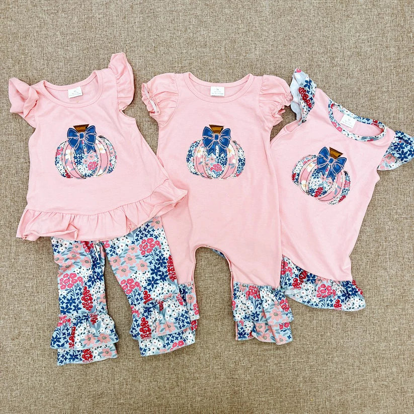 Matching Baby girls pumpkin flower pink outfits dress romper clothing embroidery