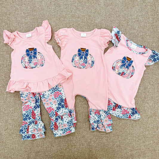 Matching Baby girls pumpkin flower pink outfits dress romper clothing embroidery