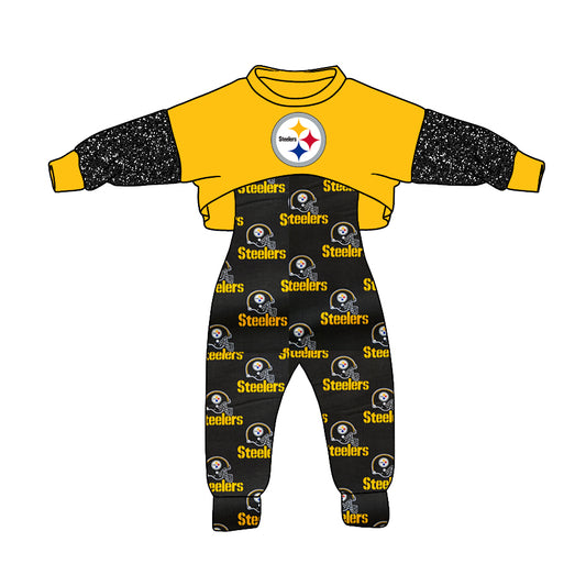 MOQ 3 Custom design Girls Steelers Outfits 2pcs kids team clothing