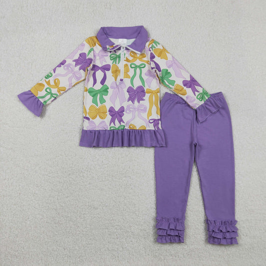 GLP2823  baby girls Mardi Gras bow purple outfits