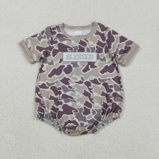 SR3263 baby boys BLESSED camo short sleeve romper embroidery
