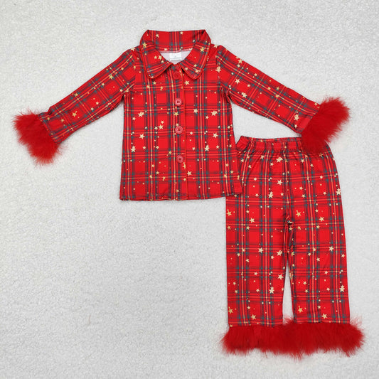 GLP0956  girls long sleeve red plaid Plush button v-neck pajamas