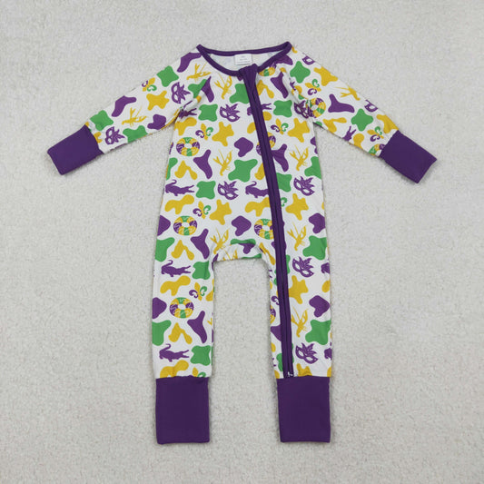 LR2637 baby girls Mardi Gras zip purple romper