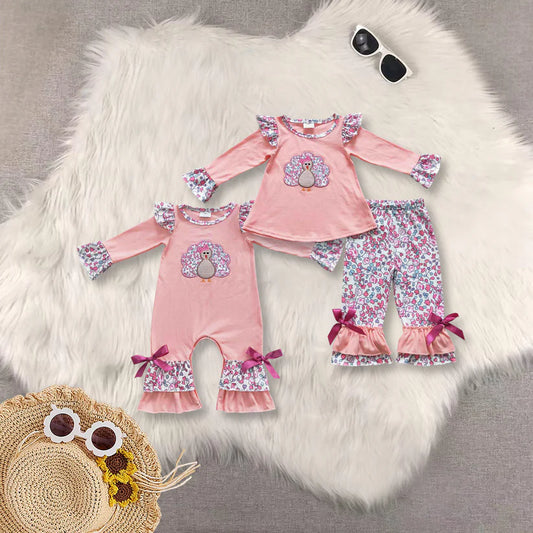 Matching Baby girls Thanksgiving pink turkey outfits embroidery clothing