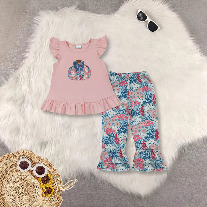 Matching Baby girls pumpkin flower pink outfits dress romper clothing embroidery