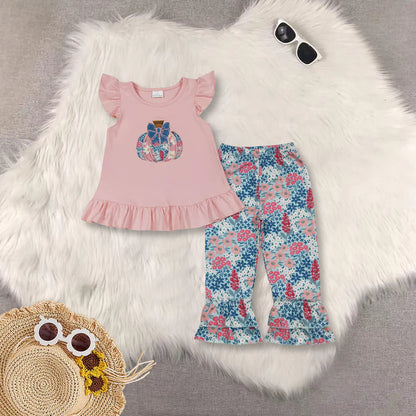 Matching Baby girls pumpkin flower pink outfits dress romper clothing embroidery