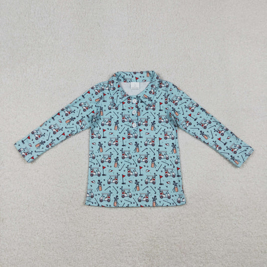 BT1404 baby boys golf button long sleeve blue shirt top