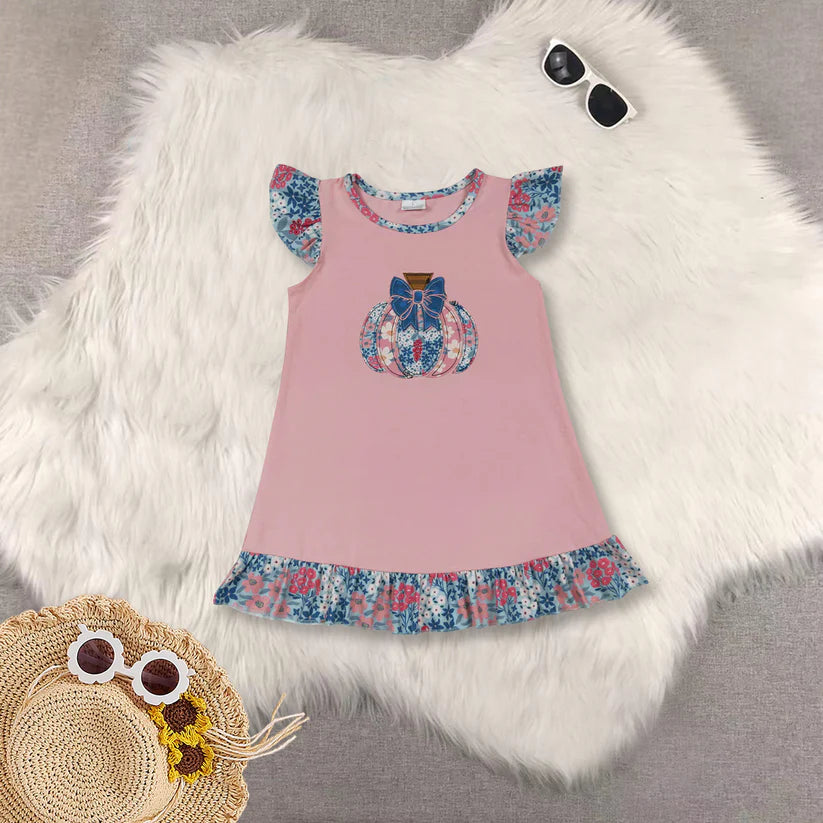 Matching Baby girls pumpkin flower pink outfits dress romper clothing embroidery