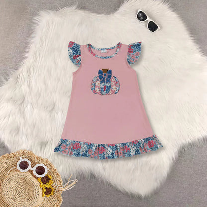 Matching Baby girls pumpkin flower pink outfits dress romper clothing embroidery