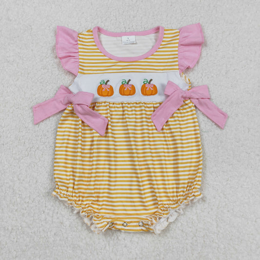 SR3125 baby girls pumpkin yellow stripe pink bow romper embroidery