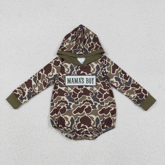 LR2791 baby boys MAMA's BOY camo long sleeves hooded romper embroidery