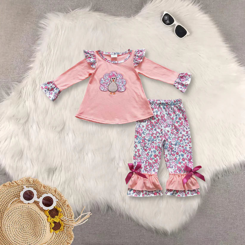 Matching Baby girls Thanksgiving pink turkey outfits embroidery clothing