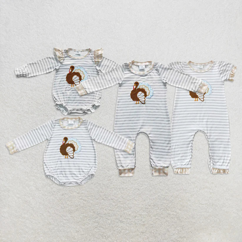 Matching Baby boys girls Thanksgiving turkey stripe romper embroidery