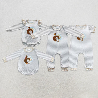 Matching Baby boys girls Thanksgiving turkey stripe romper embroidery