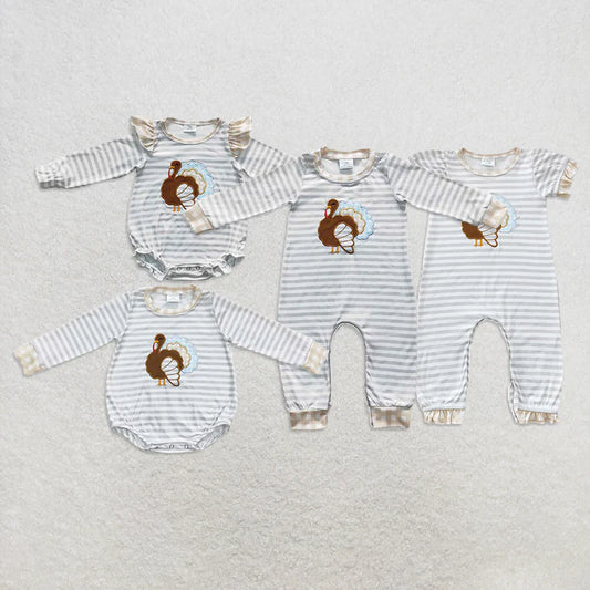 Matching Baby boys girls Thanksgiving turkey stripe romper embroidery