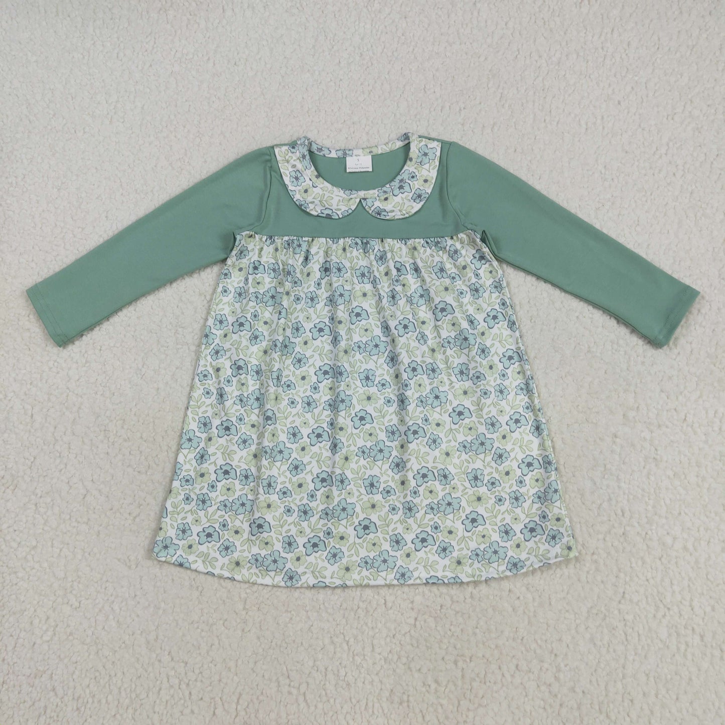 GLD1087 baby girls green long sleeve flower dress