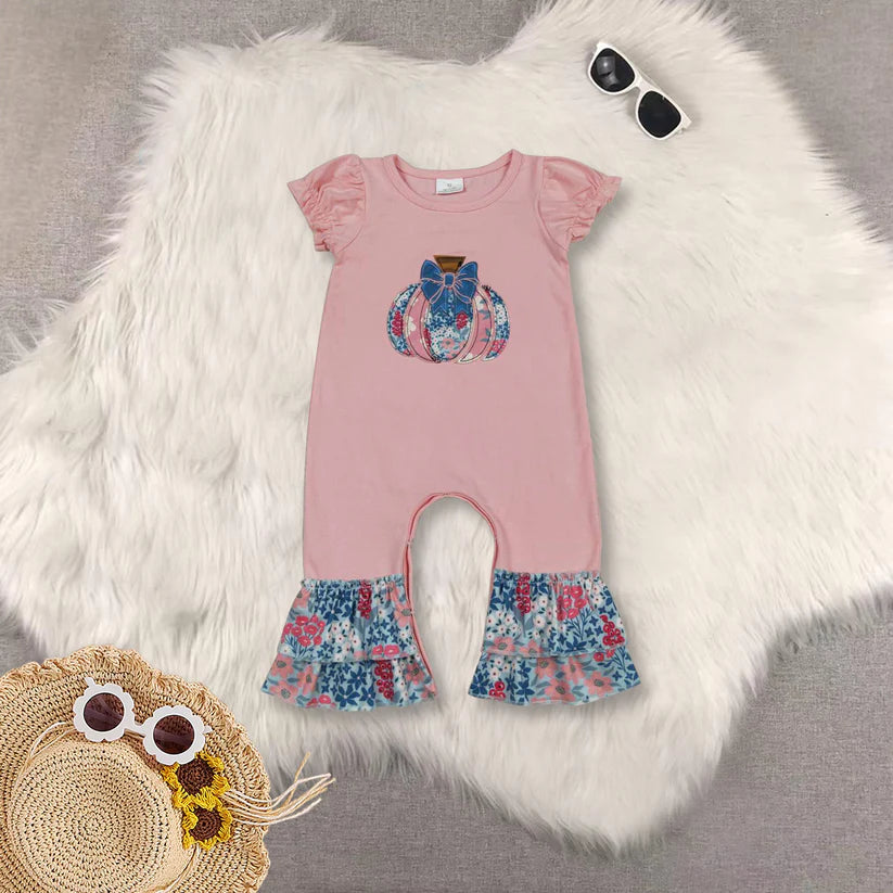Matching Baby girls pumpkin flower pink outfits dress romper clothing embroidery